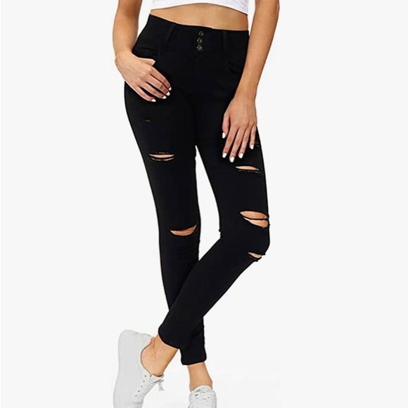 High Waisted  Distressed  Black Jeans - Picture 2 of 3